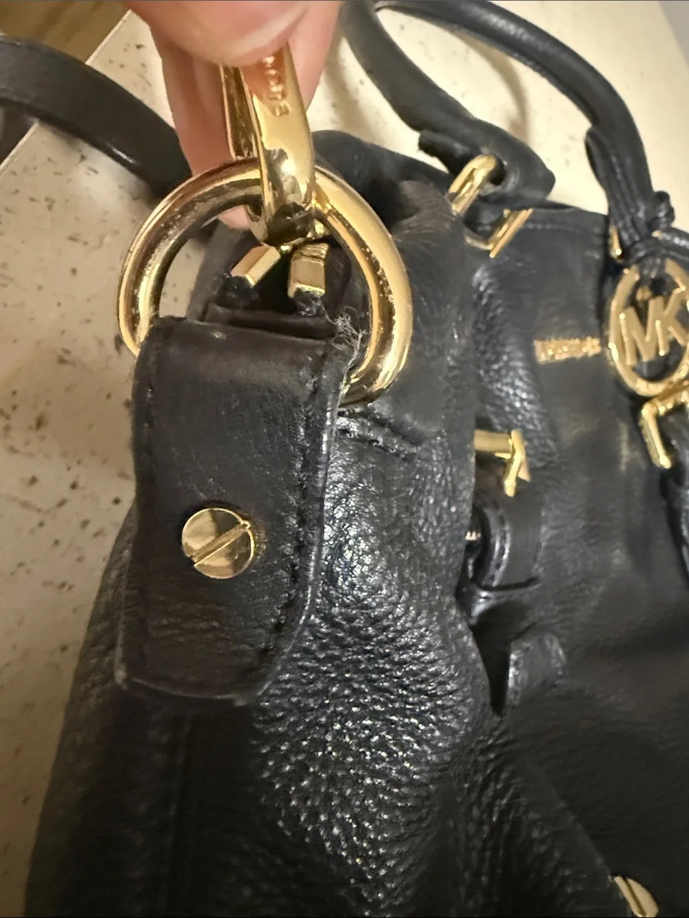 Michael Kors Black Pebbled Leather Shoulder Satchel with Gold Hardware